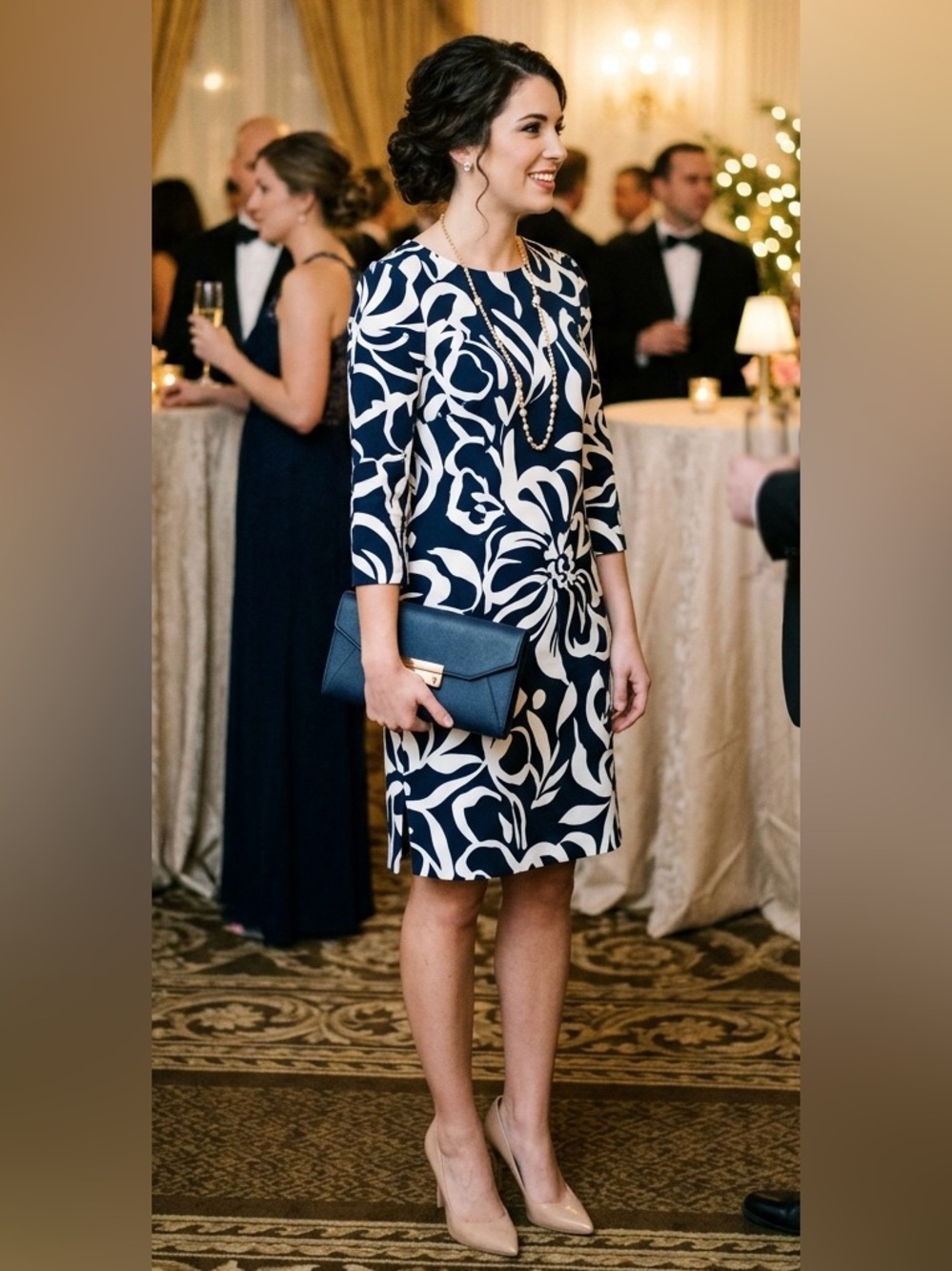Ann Taylor LOFT Sheath Dress Navy Blue Pockets White Floral 3/4 Sleeve Sz XS